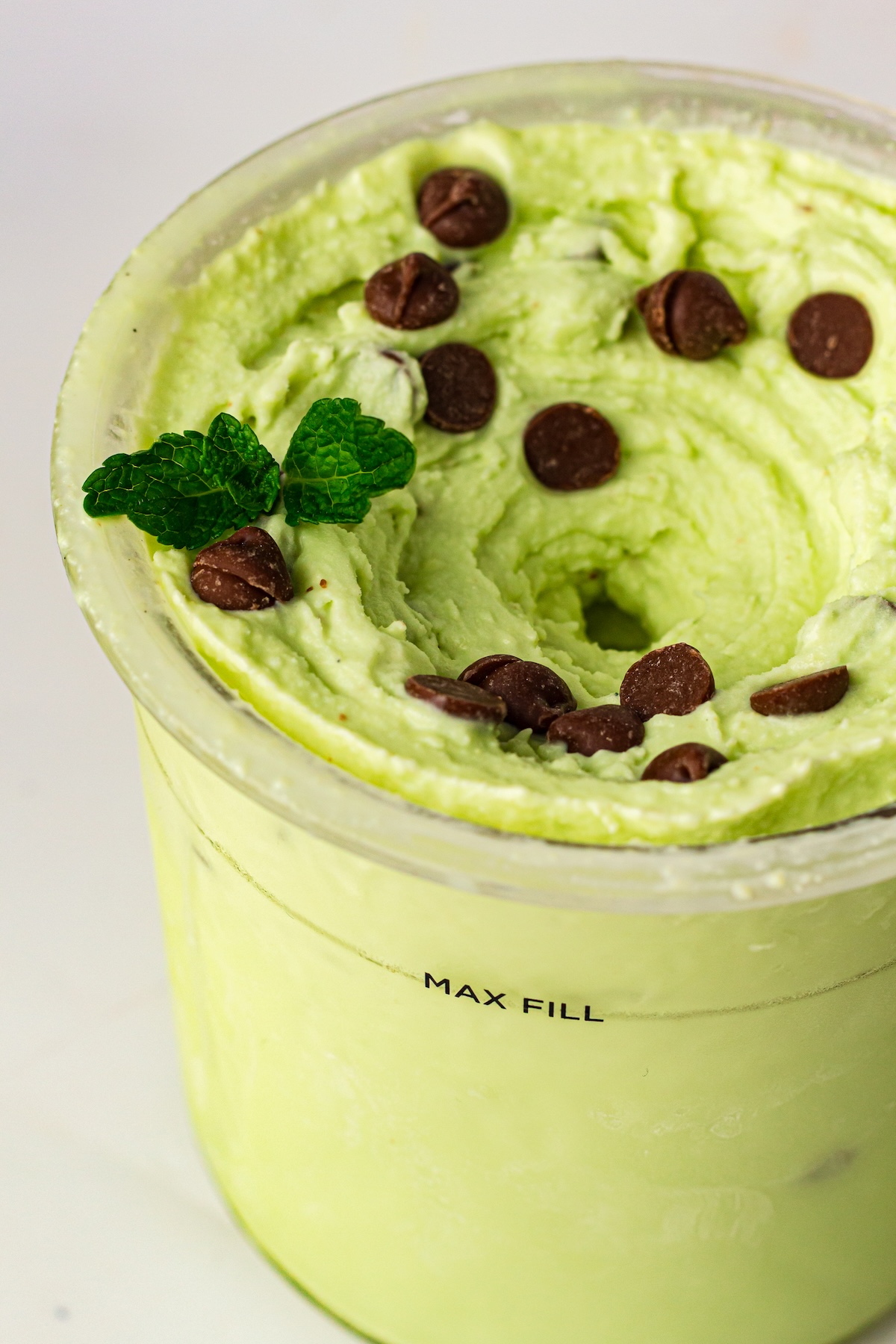 High-angle close-up of light green mint chocolate chip ice cream in a clear plastic tub, topped with chocolate chips and fresh mint leaves, with a 'MAX FILL' line visible on the side, set on a plain white background.