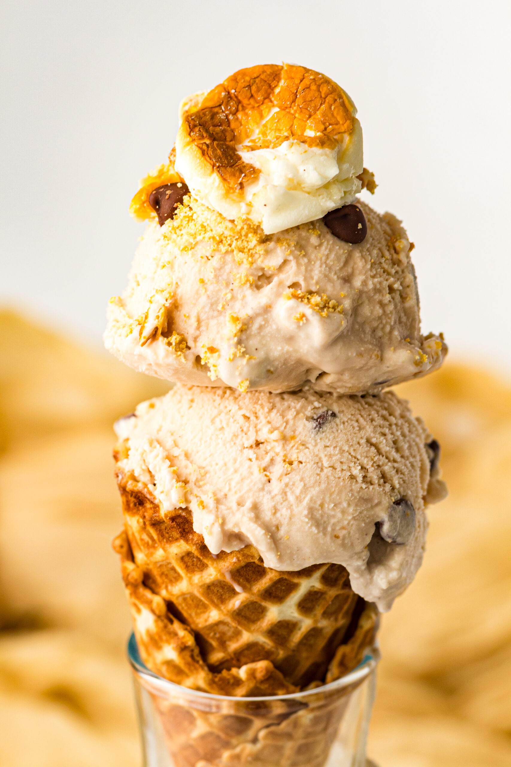 Close-up of two stacked scoops of light brown ice cream topped with toasted marshmallow, graham cracker crumbs, and chocolate chips, against a clean light background.
