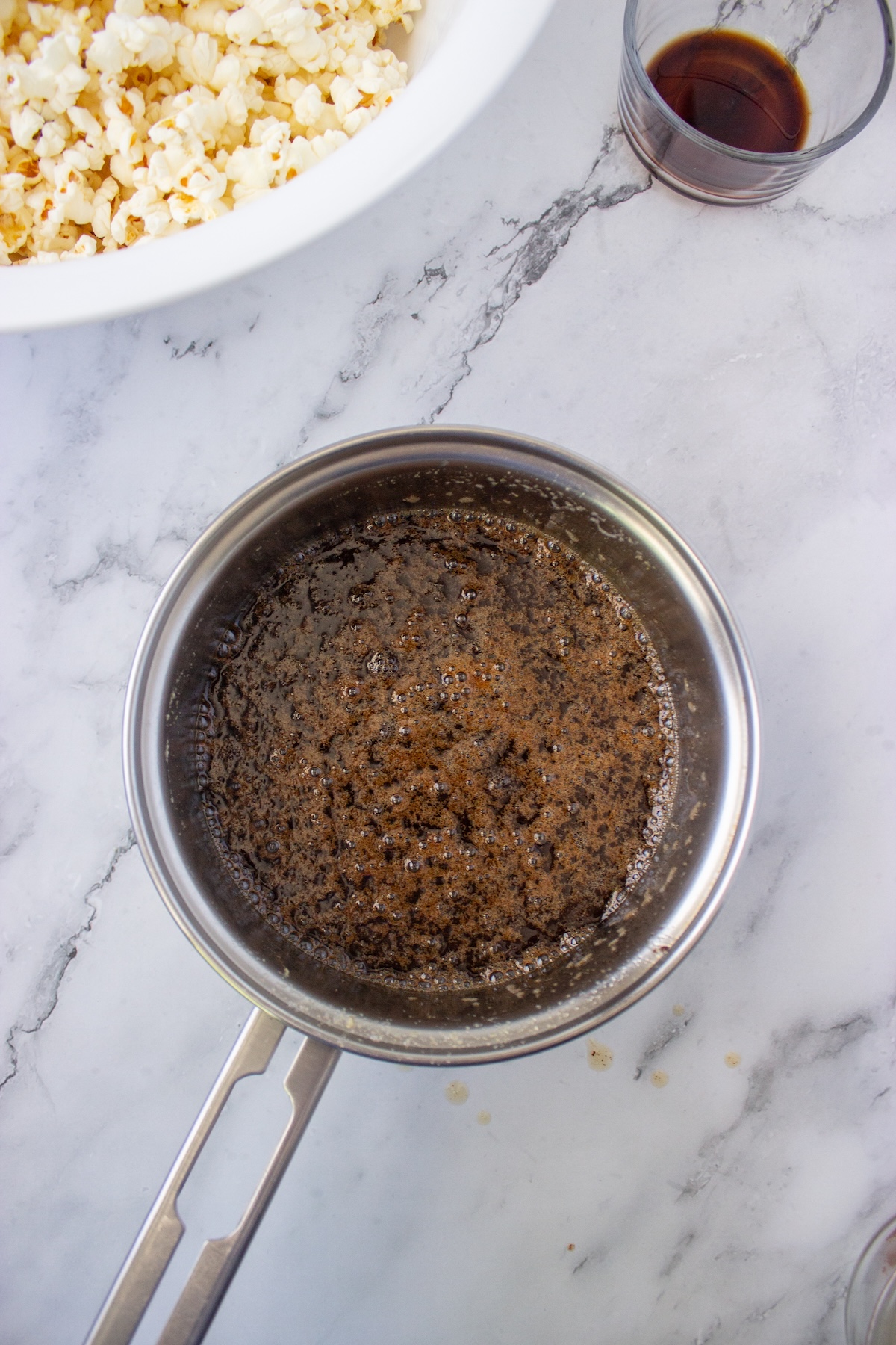 Bubbling brown butter maple caramel in a saucepan