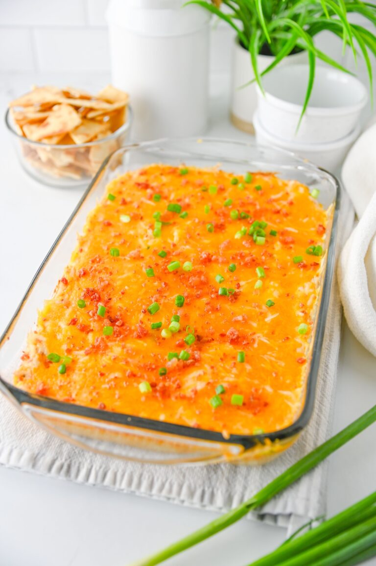 Baked crack chicken dip topped with cheddar, bacon, and green onions with pita chips on the side