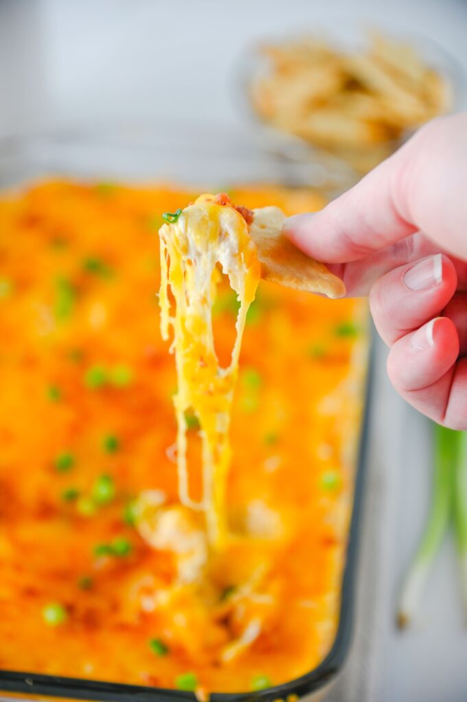 Melted cheese stretching from a pita chip dipped into baked crack chicken dip